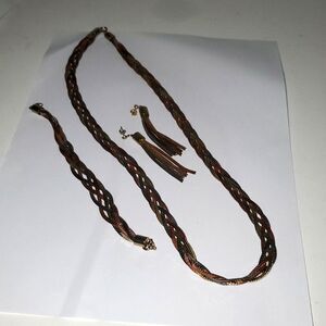 A Braided Metal Purer Necklace Bracelet Earrings Set Tri-Color Parure Vintage